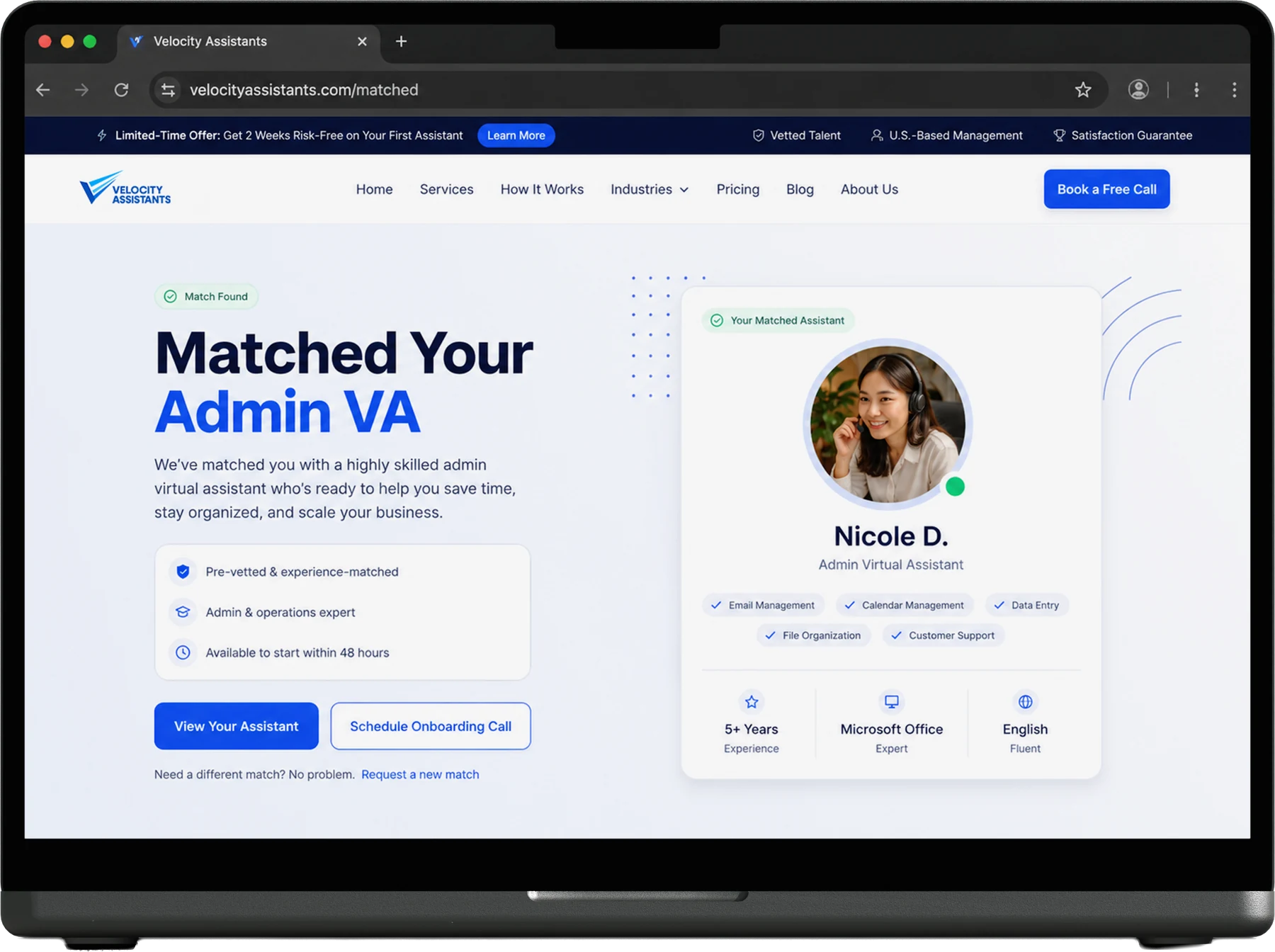 Matched your admin VA — Velocity Assistants match confirmation screen showing a matched virtual assistant profile