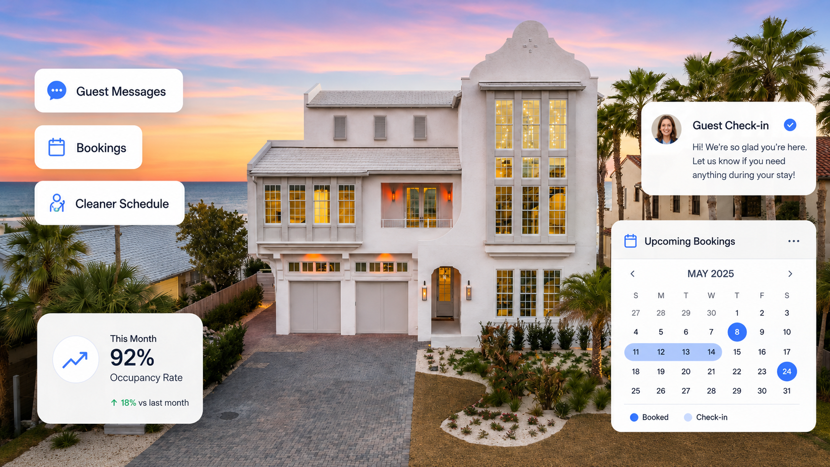 Short-term rental virtual assistant dashboard showing Airbnb guest messaging, booking calendar, cleaning coordination, and review follow-up tasks